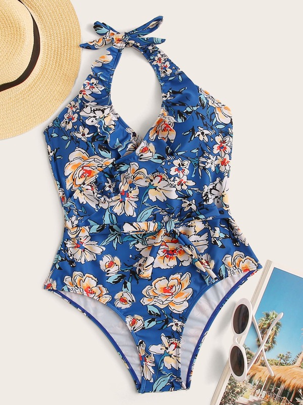 

Floral Random Print Belted Halter One Piece Swimwear, Blue