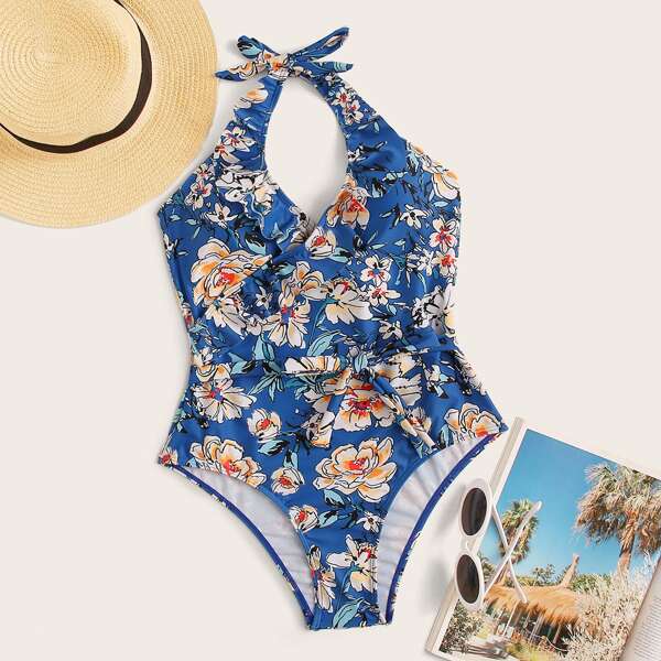 

Floral Random Print Belted Halter One Piece Swimwear, Blue