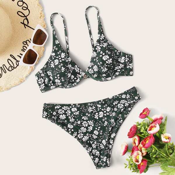 

Ditsy Floral Underwire Bikini Swimsuit, Dark green