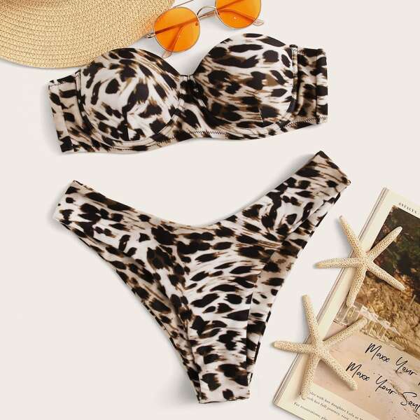

Leopard Underwire Bandeau With High Cut Bikini Set, Multicolor
