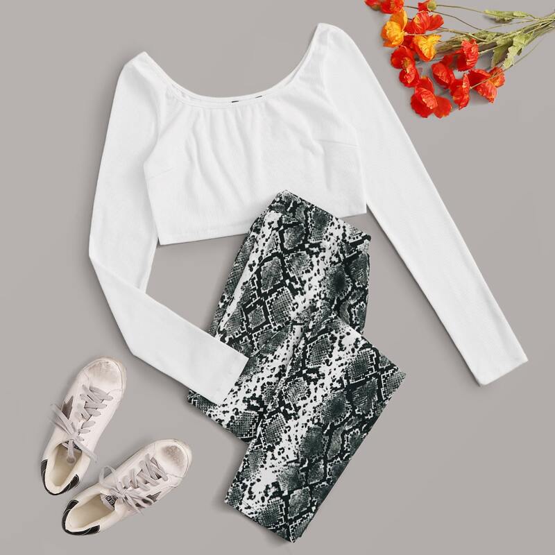 

Rib-knit Crop Tee and Snakeskin Print Leggings Set, Multicolor