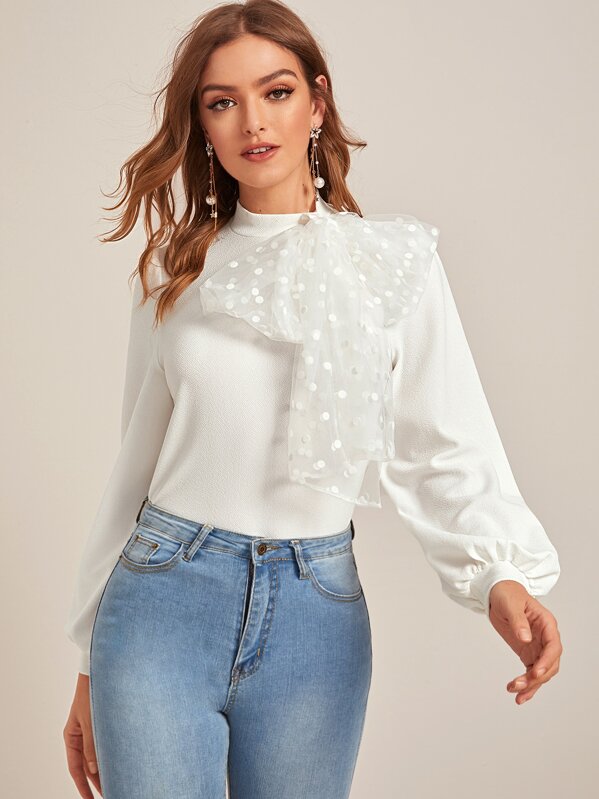 

Lantern Sleeve Dot Mesh Big Bow Top, White, Luiza