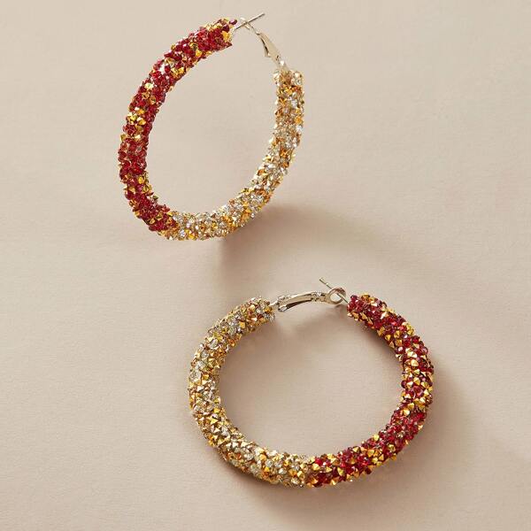 

1pair Color Block Rhinestone Decor Hoop Earrings, Multicolor
