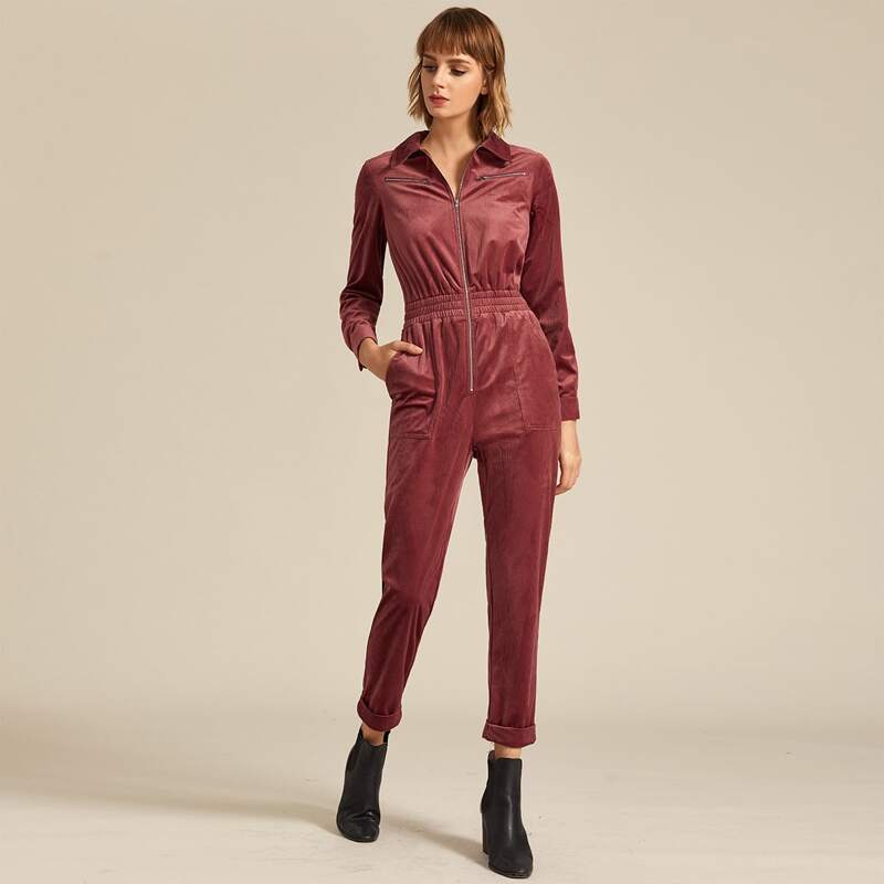 

Premium Zipper Front Elastic Waist Patch Pocket Cord Cuffed Jumpsuit, Burgundy