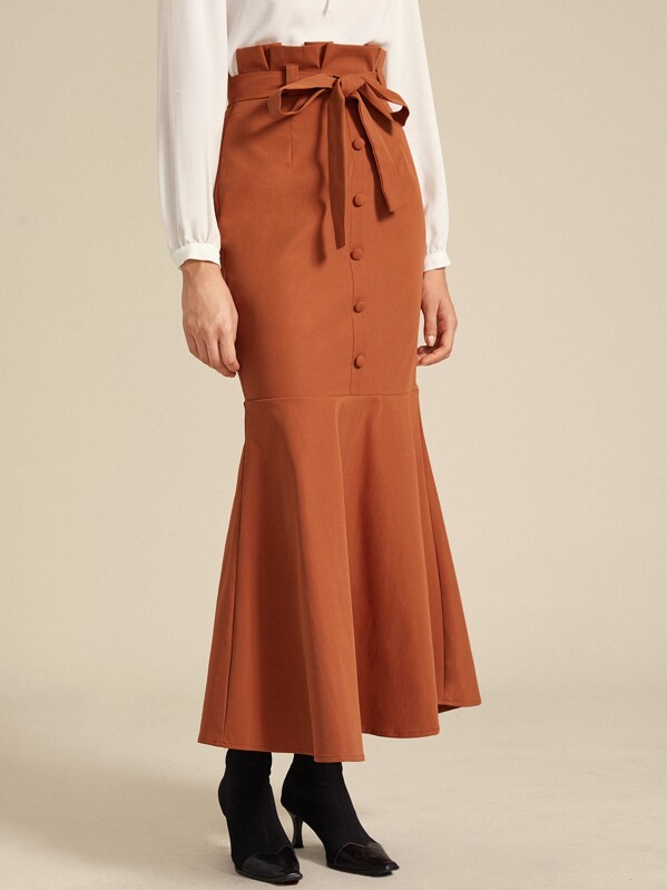 Paperbag Waist Belted Mermaid Skirt, Orange, Margo