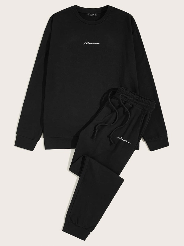 

Men Letter Graphic Sweatshirt & Drawstring Waist Sweatpants Set, Black