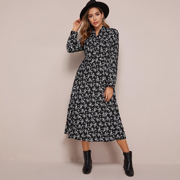 Tie Neck Ditsy Floral Print Dress, Black
