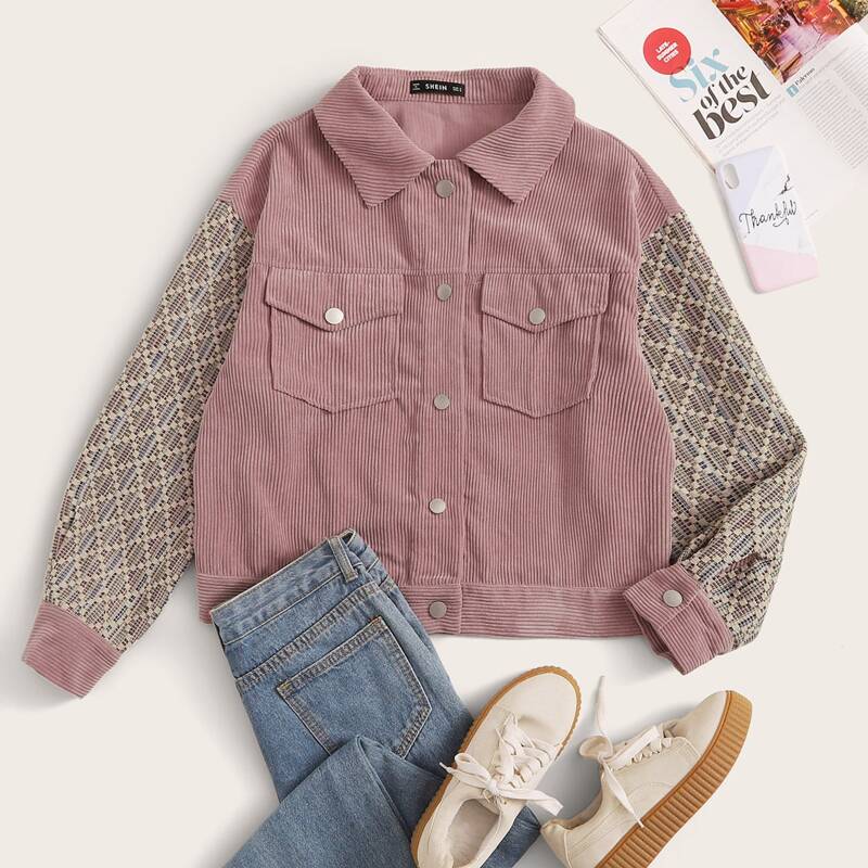 

Jacquard Sleeve Flap Pocket Front Cord Jacket, Pink