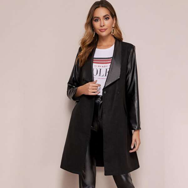 

Faux Leather Shawl Collar & Sleeve Hidden Placket Coat, Black