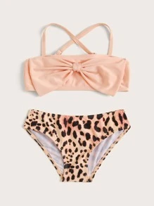 Toddler Girls Leopard Bow Front Bikini Set - Multicolor - View 4