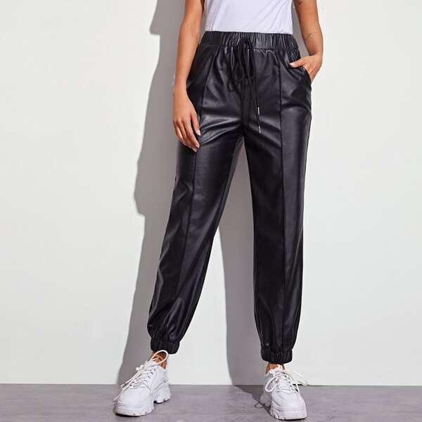 

Drawstring Detail Faux Leather Pants, Black