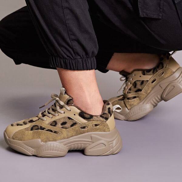 

Leopard Pattern Lace-up Front Chunky Sneakers, Brown