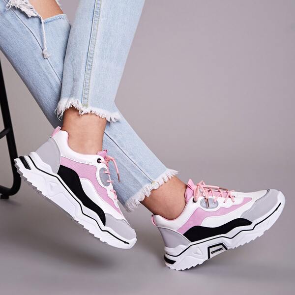 

Color Block Lace-up Front Chunky Sneakers, Multicolor