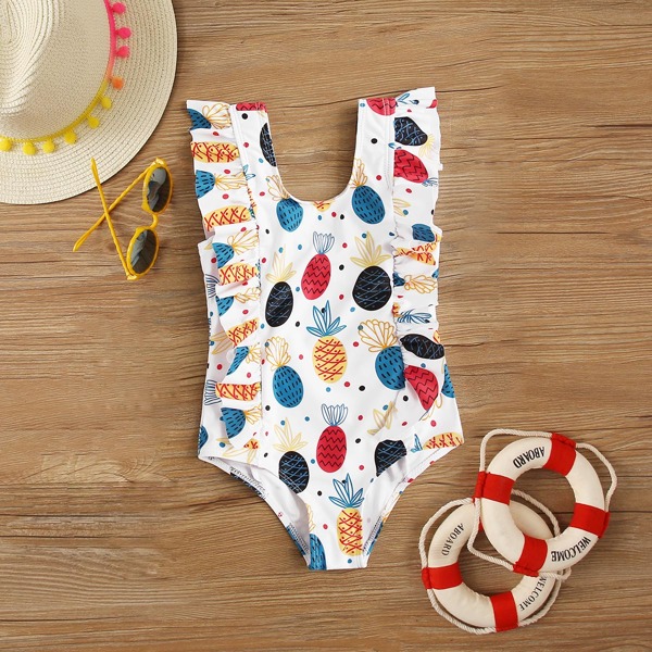 

Toddler Girls Cartoon Pineapple Random Print One Piece Swimwear, White