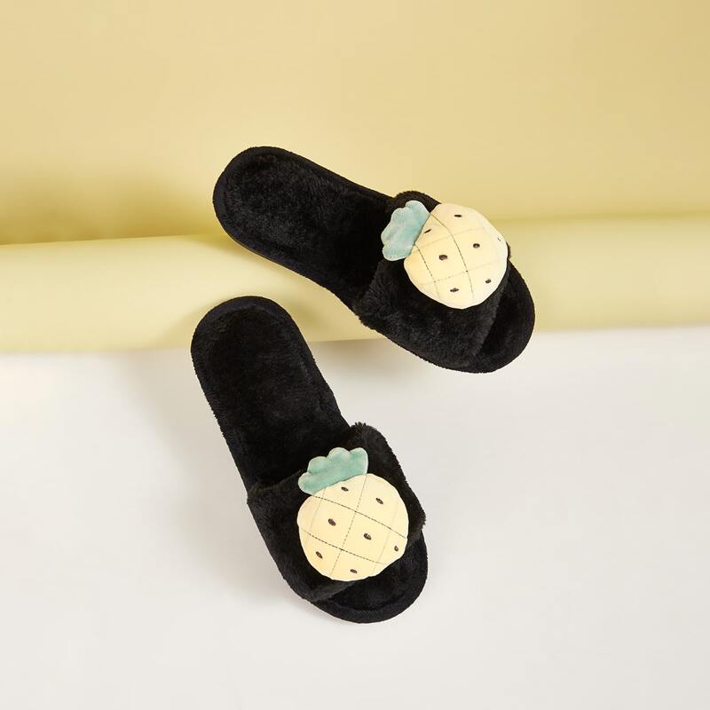 

Pineapple Decor Open Toe Fluffy Slippers, Black