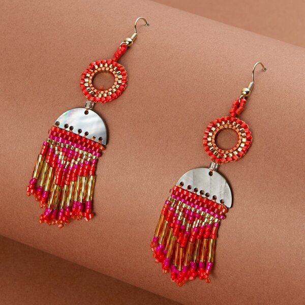 

1pair Hook Back Circle And Beaded Fringe Earrings, Multicolor