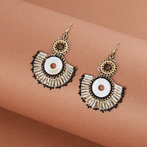 

1pair Double Beaded Circle Hook Back Earrings, Multicolor