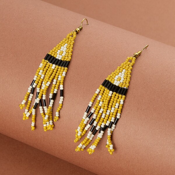 

1pair Two Tone Triangle Beaded Fringe Earrings, Yellow