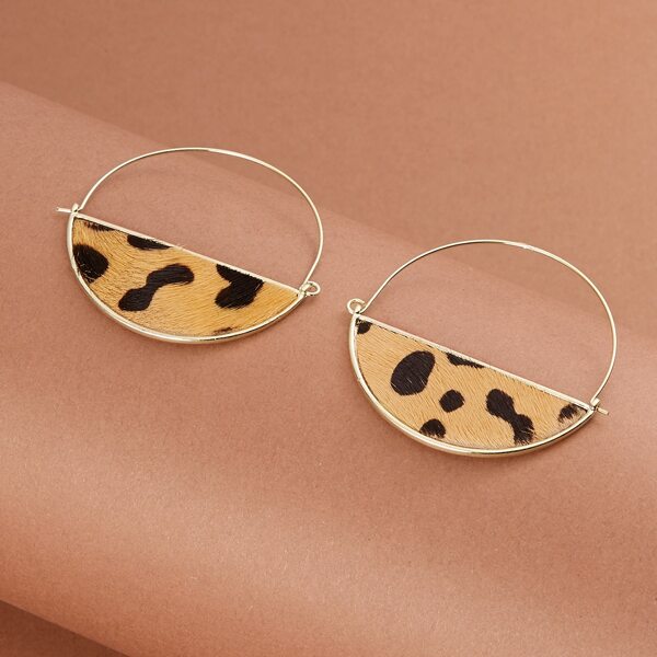 

1pair Cow Hair Leopard Half Circle Hoop Earrings, Multicolor