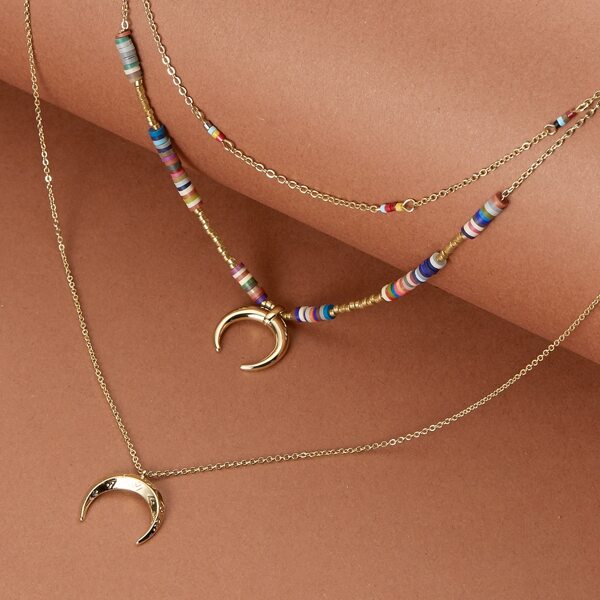 

Triple Layered Beaded Necklace With Crescent Moon, Gold