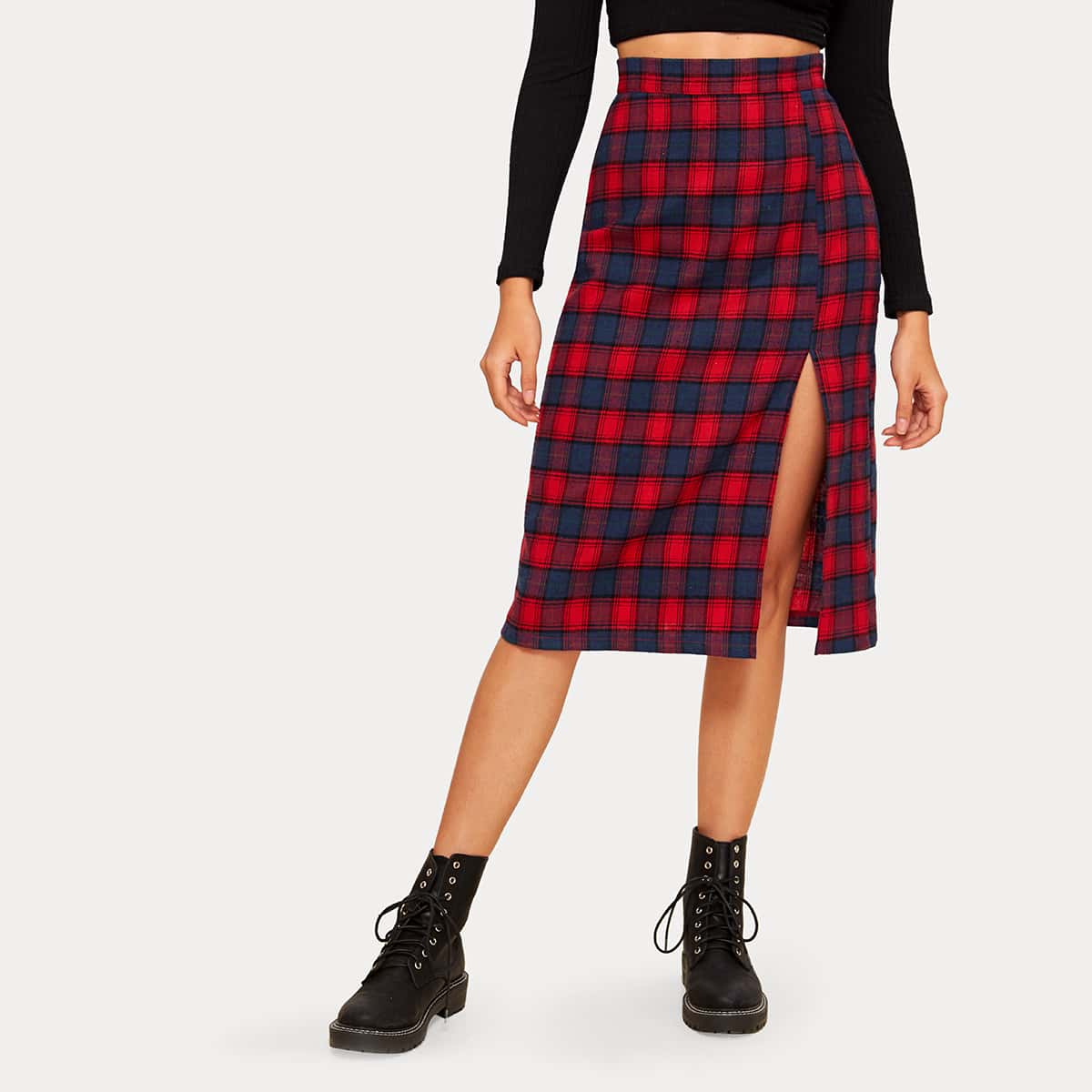 

Plaid Split Thigh Midi Skirt, Multicolor