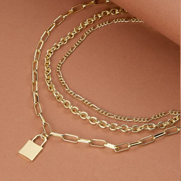 

Lock Pendant Triple Layered Chain Link Necklace, Gold