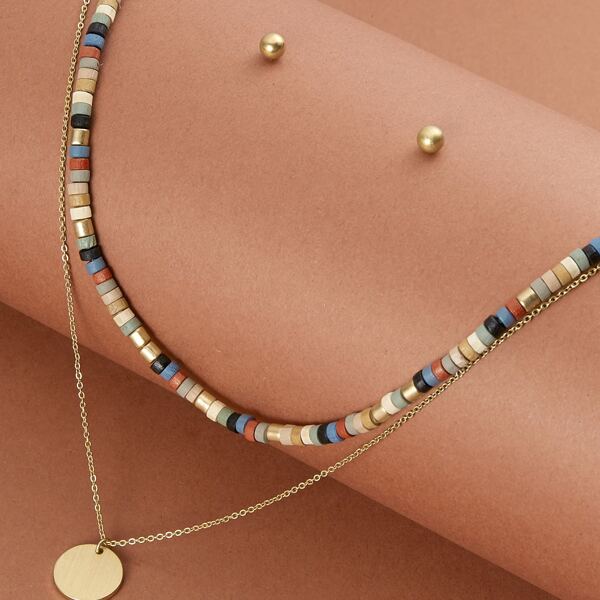 

Stud Earrings And Layered Round Bead Necklace