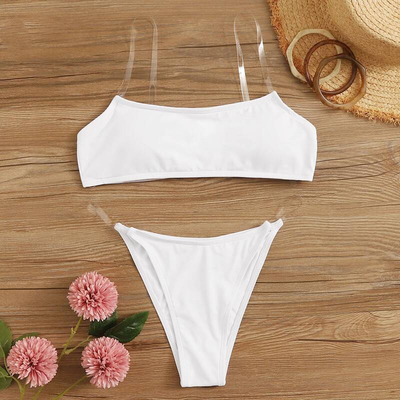 

Solid Thong Bikini Set, White