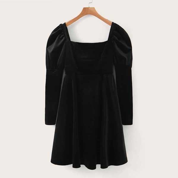 

Puff Sleeve Velvet Flared Hem Dress, Black