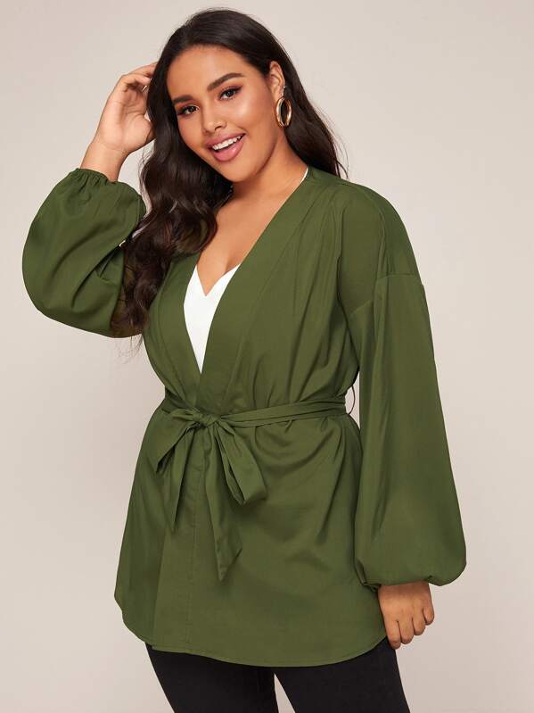 

Plus Solid Lantern Sleeve Self Tie Coat, Army green, Emilie