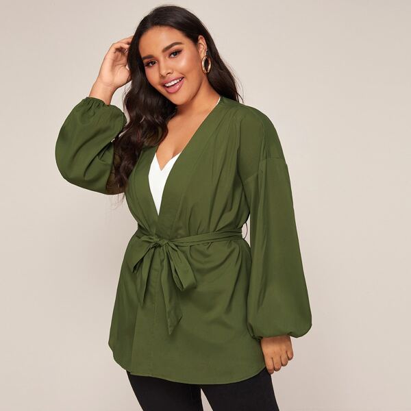 

Plus Solid Lantern Sleeve Self Tie Coat, Army green