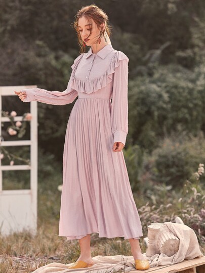 Swiss Dot Ruffle Trim Pleated Hem Shirt Dress