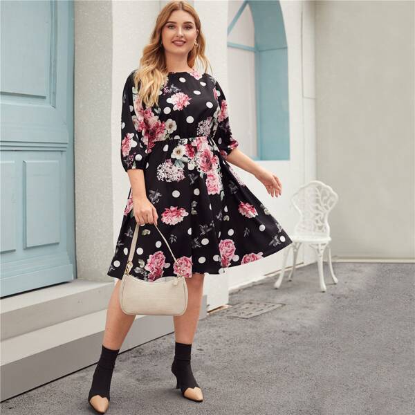 

Plus Floral & Polka Dot Print A-Line Dress, Multicolor