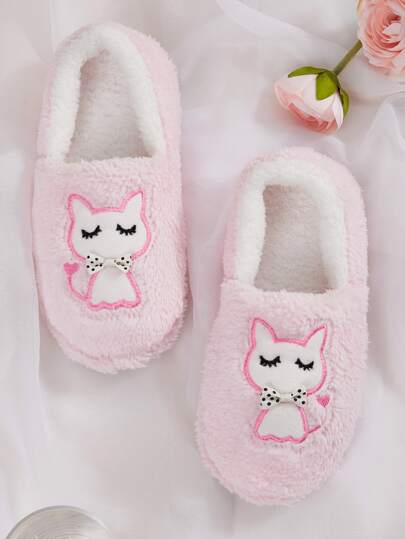 Bow Decor Cat Embroidered Fluffy Slippers