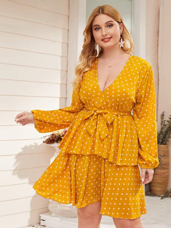 

Plus Polka Dot Layered Hem Belted Dress, Yellow, Nora