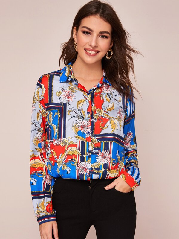 

Button Front Scarf Print Blouse, Multicolor, MARTINA