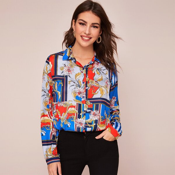 

Button Front Scarf Print Blouse, Multicolor