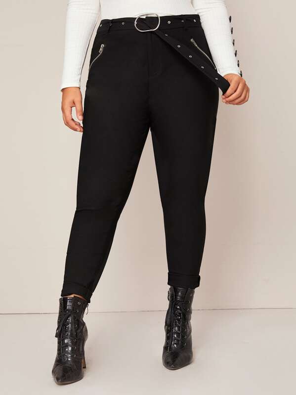 

Plus Zip Detail Buckle Belted Skinny Jeans, Black, Emilie