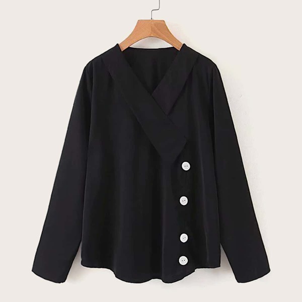 

Curved Hem Button Side Blouse, Black