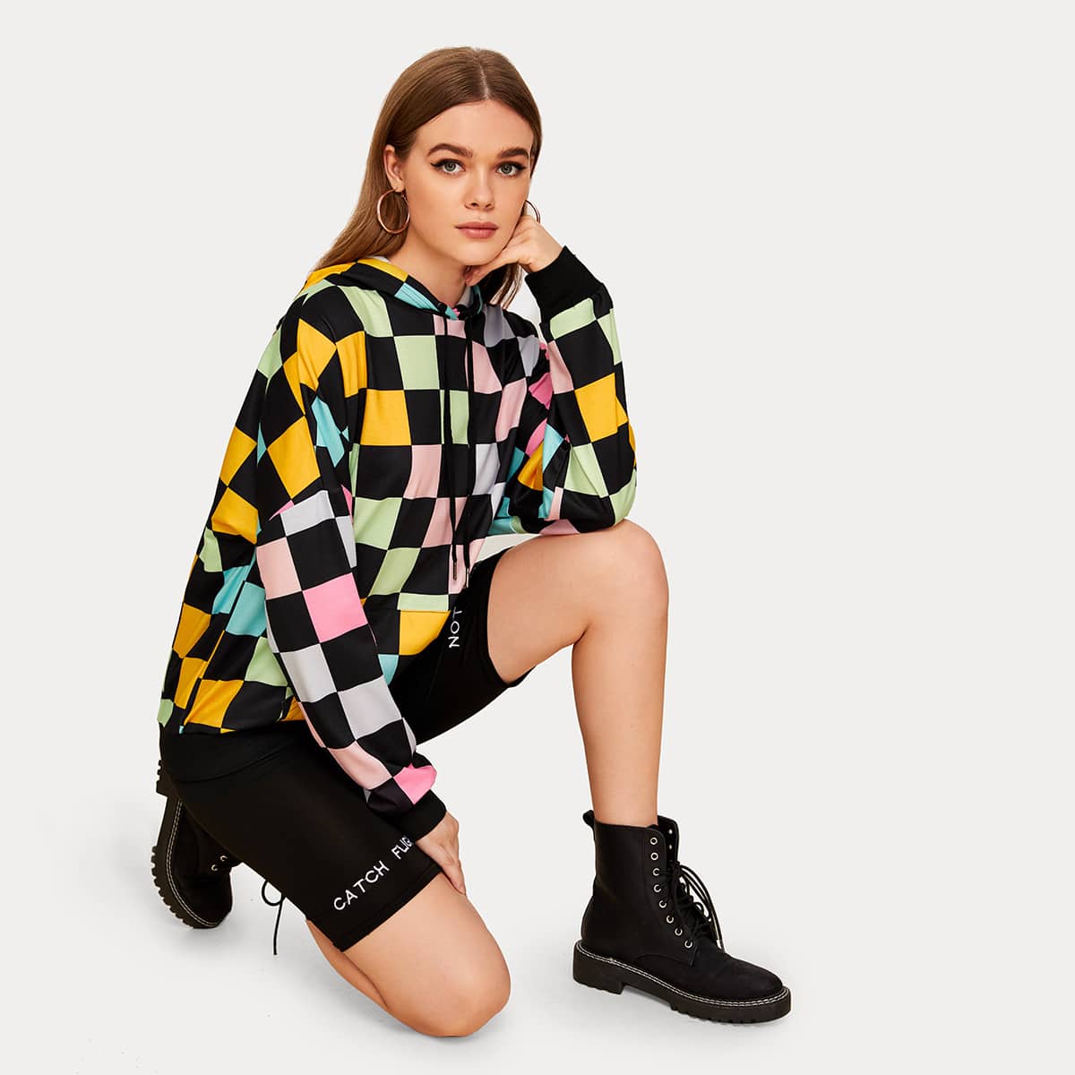 

Colorful Checkered Kangaroo Pocket Drawstring Oversized Hoodie, Multicolor