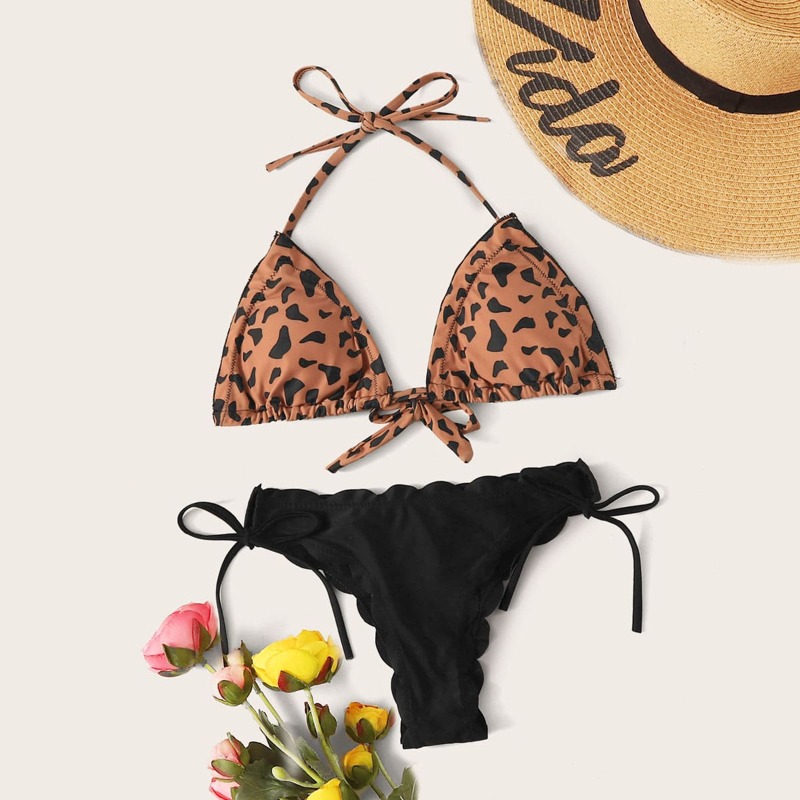 

Leopard Triangle Top With Tie Side Bikini Set, Multicolor