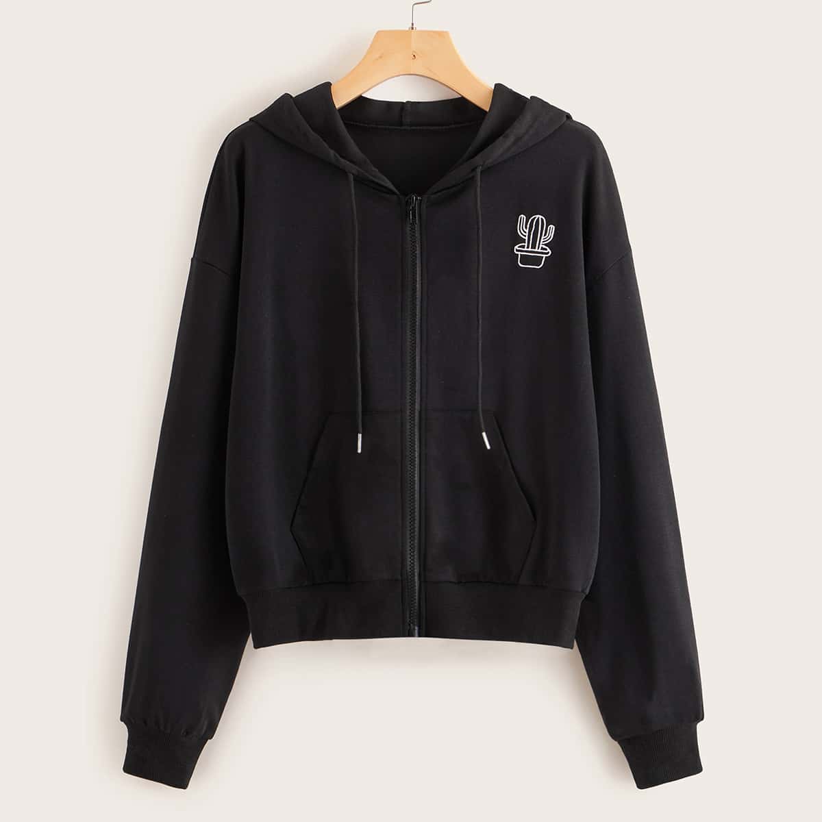 

Cactus Embroidery Pocket Front Zip-up Hoodie, Black