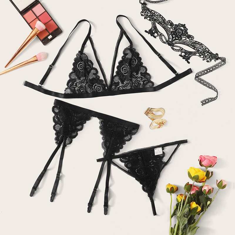 

Floral Lace Harness Lingerie Set With Garter & Eye Mask, Black