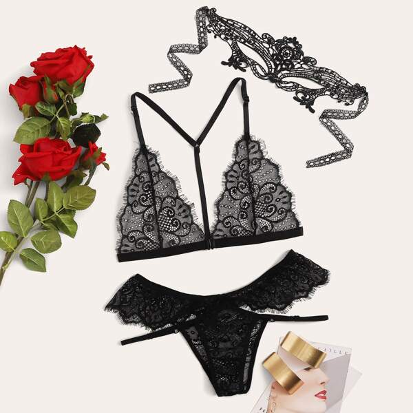 

Floral Lace Lingerie Set With Eye Mask, Black