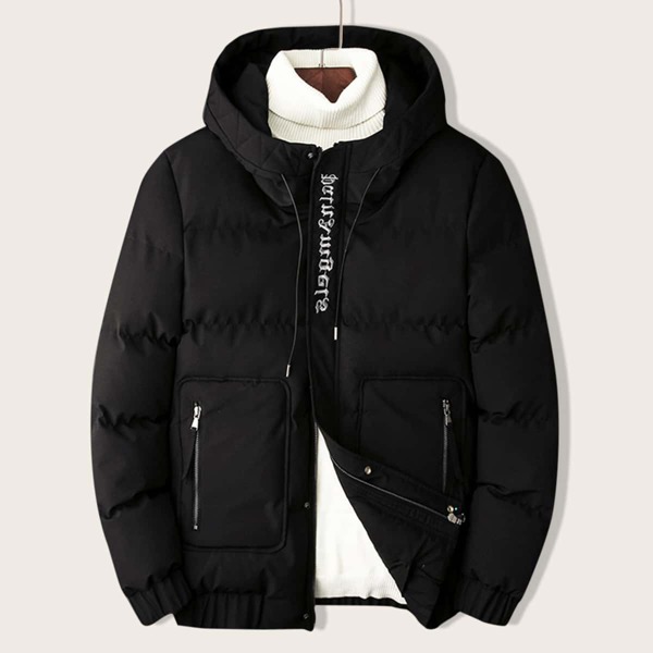 

Men Letter Embroidery Hooded Puffer Jacket, Black