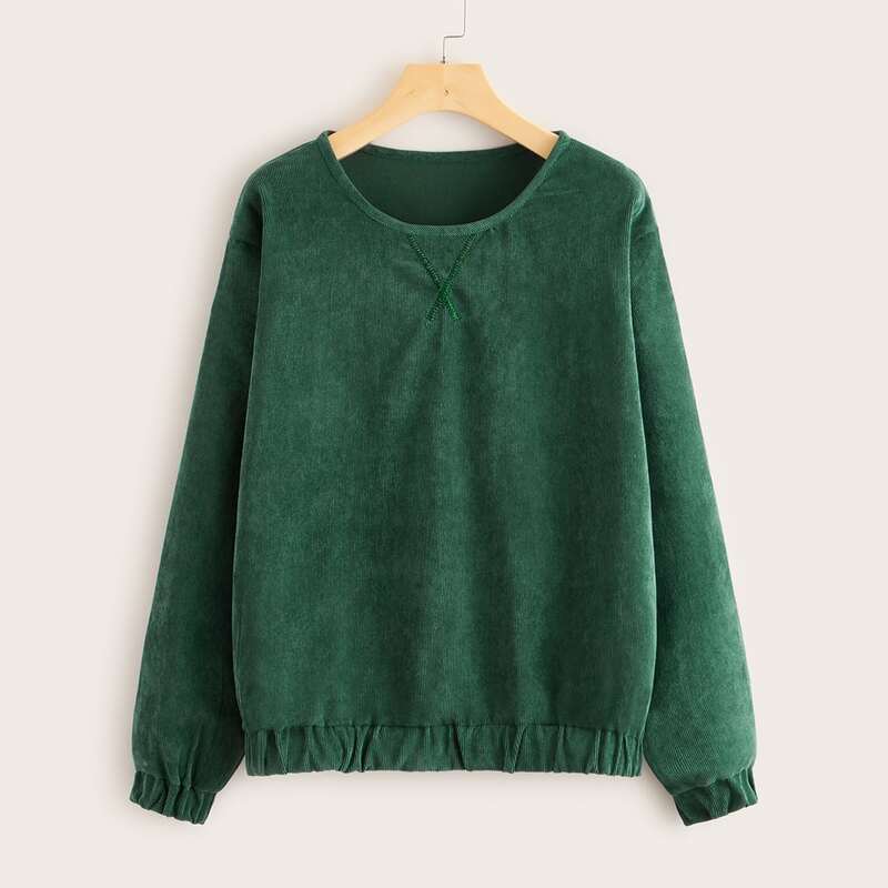 

Solid Elastic Hem Corduroy Sweatshirt, Green