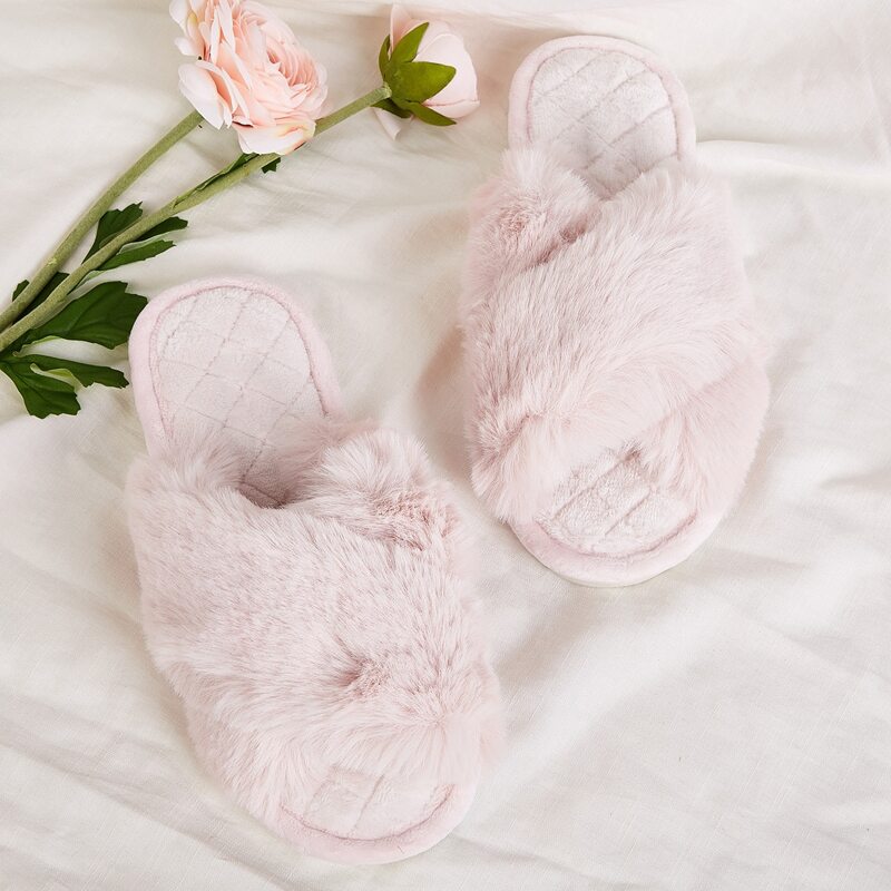 

Faux Fur Quilted Open Toe Slippers, Pink