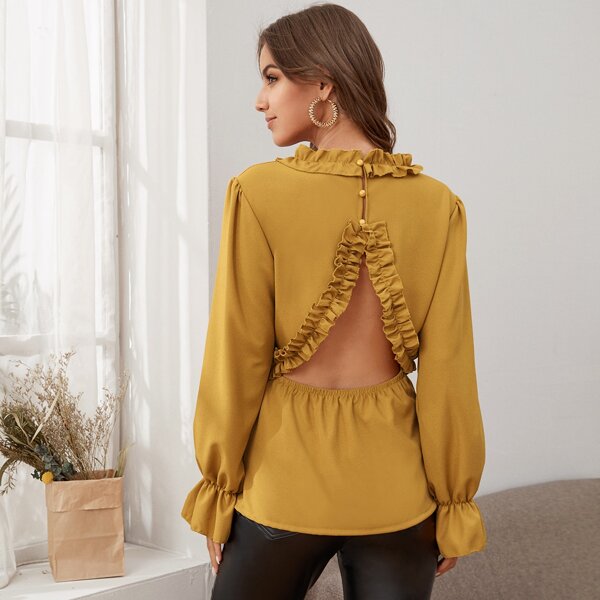 

Ruffle Trim Cut Out Back Blouse, Yellow