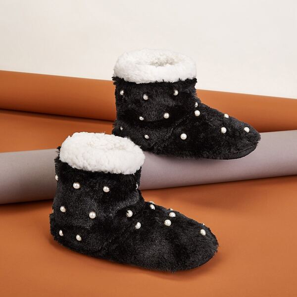 

Faux Pearl Decor Fluffy Slippers, Black