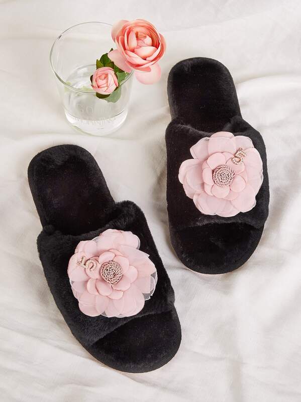 

Applique Decor Open Toe Fluffy Slippers, Black